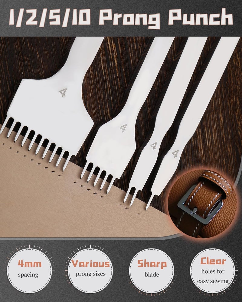 FOUSNOW Leather Stitching Punch, 10 Prong Leather Fork Prong Punch, 4mm Lacing Stitching Chisel Tools, DIY Working Tools for Punching - Image 3